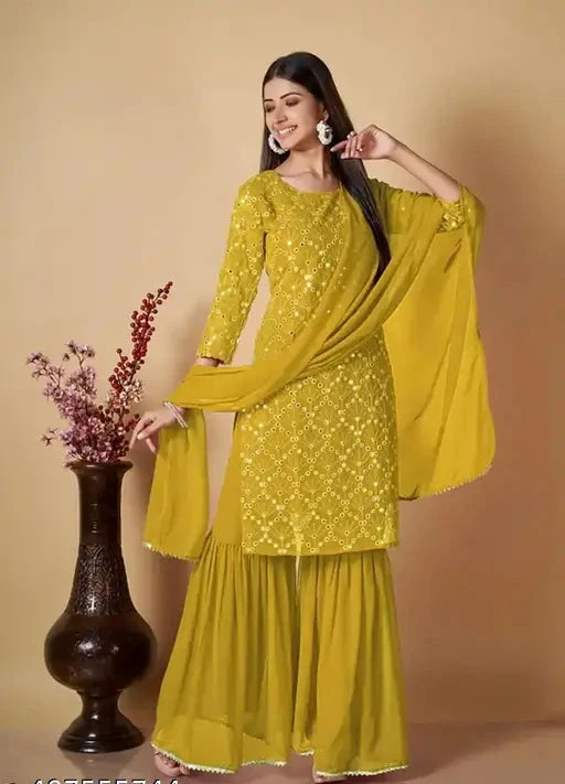 Women's Georgette Sharara Kurta with (Dupatta Set)