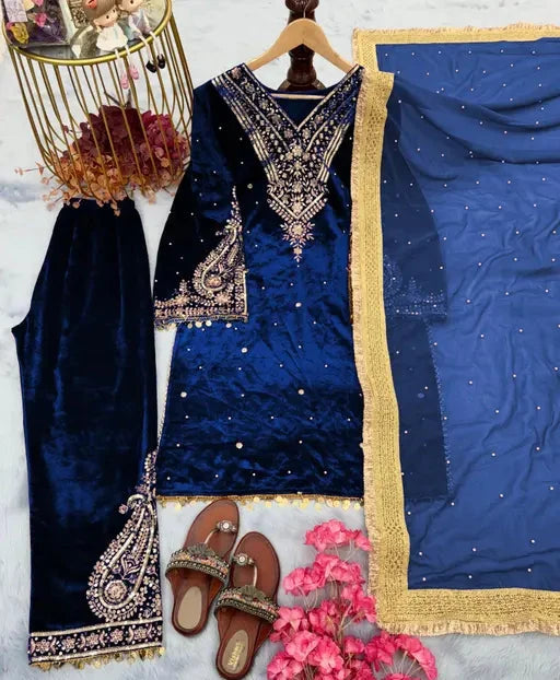 New Designer Party Wear Look Heavy Pure Viscose Velvet Top Palazzo & Dupatta Set blue